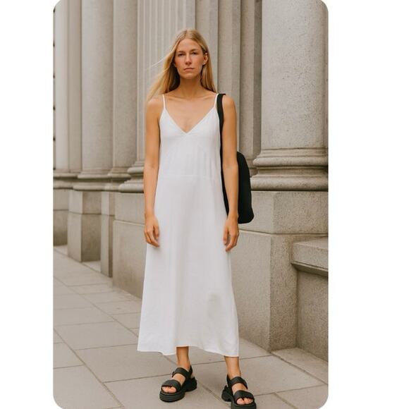Stone & Sky White Linen Blend Minimalist Coastal Maxi Dress Small - Picture 1 of 7